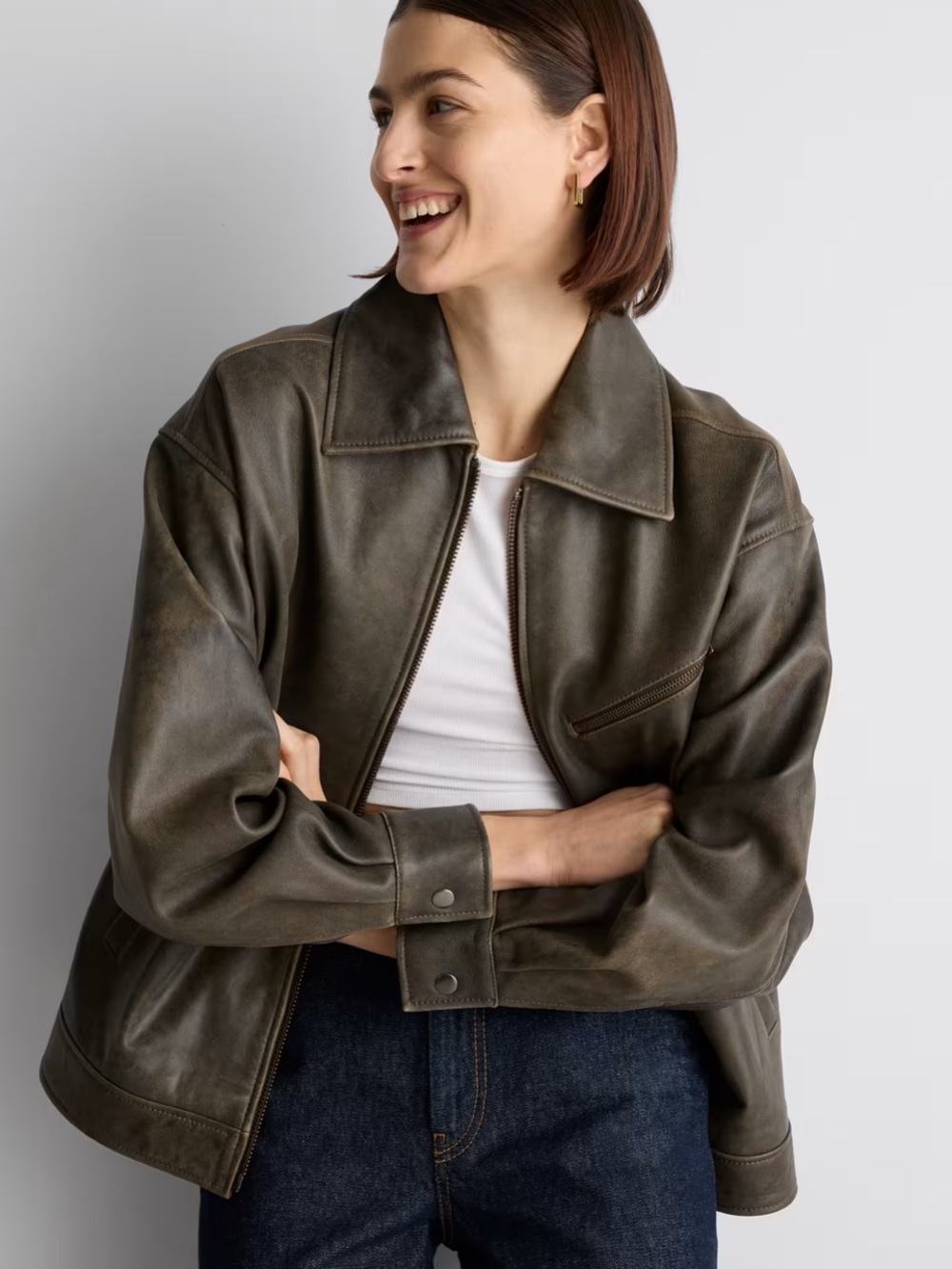 Quince women’s  oversized Brown Leather Zip Jacket - Picture 4 of 5